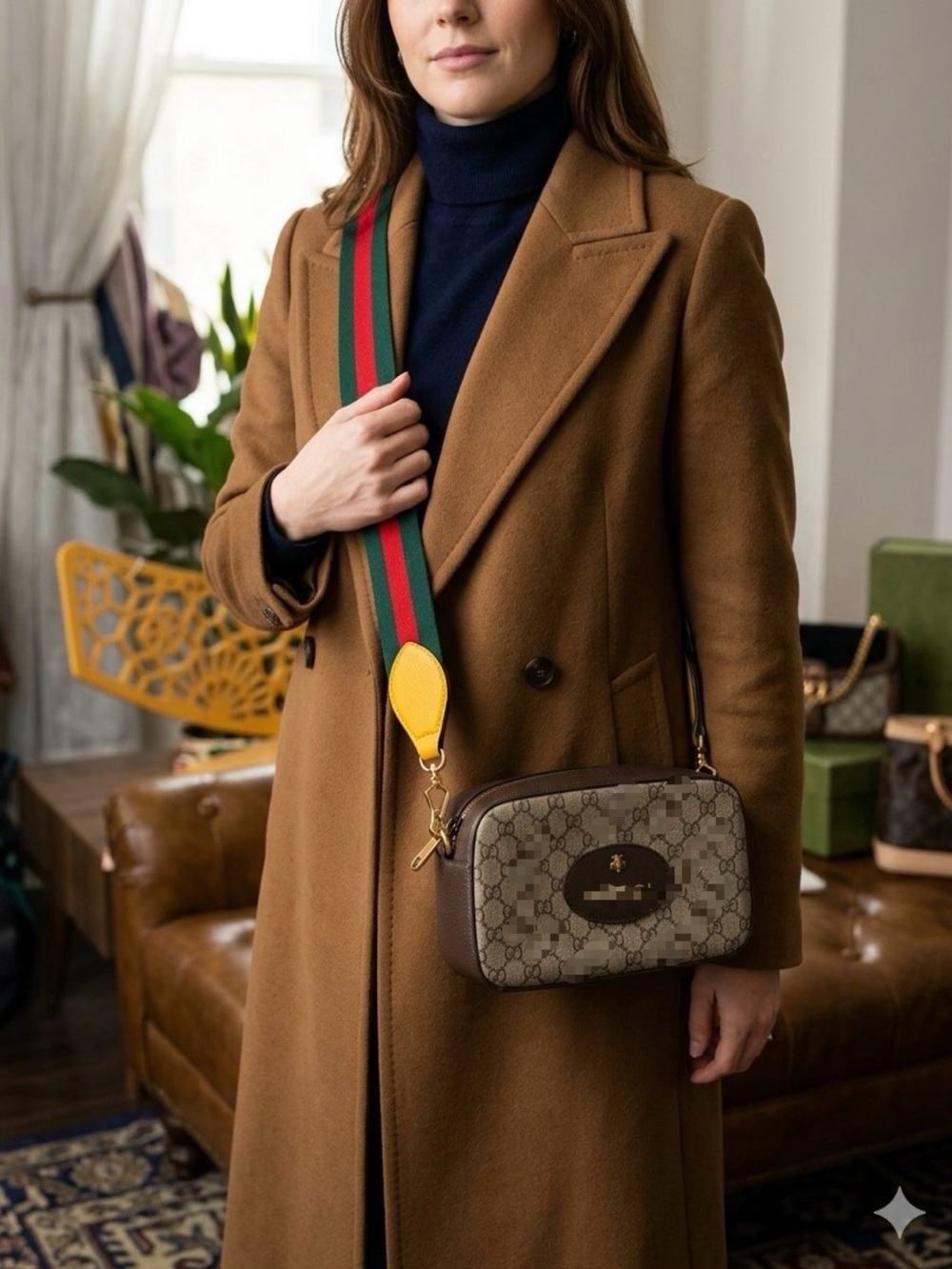 Brown Monogram Crossbody Bag with Green-Red Strap